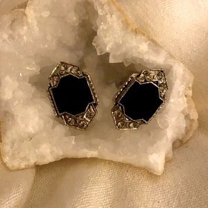 Vintage Silver, Black Enamel Earrings
